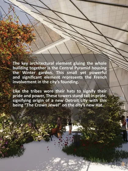 A key concept for our Detroit proposal was the central pyramid housing a 'Winter Garden'. We envisioned this as a significant public space, a green lung for the building that represents a new beginning for the city.