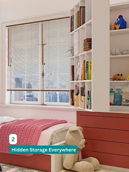 Hidden storage is everywhere in our kids' room designs. This room features a bed with deep drawers and a tall bookshelf to keep toys and books organized.