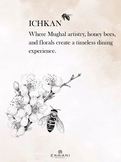 Where Mughal artistry, honey bees, and florals create a timeless dining experience. This graphic illustrates the core inspirations for my Ichkan collection, designed to make your table a masterpiece.