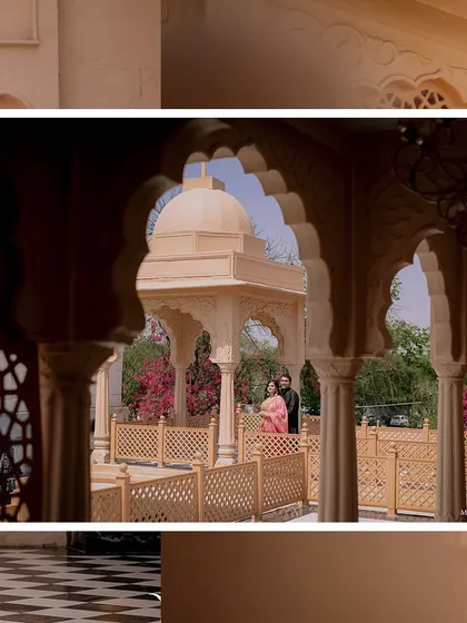 A beautifully framed shot of Kartik and Priyanka during their pre-wedding shoot at The Picture Villa in Delhi, using architecture to create depth.