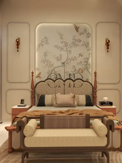 This traditional Indian classical bedroom features a regal poster bed, soft cove lighting, and a beautiful wallpaper panel, designed as a peaceful sanctuary for our client's parents.
