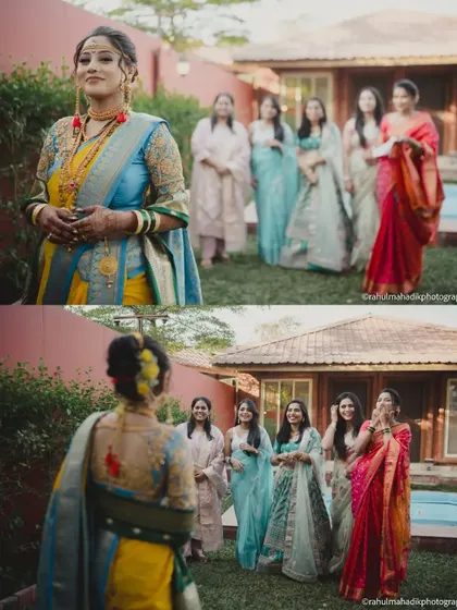 The bride's reveal to her bridesmaids, capturing their emotional and happy reactions.