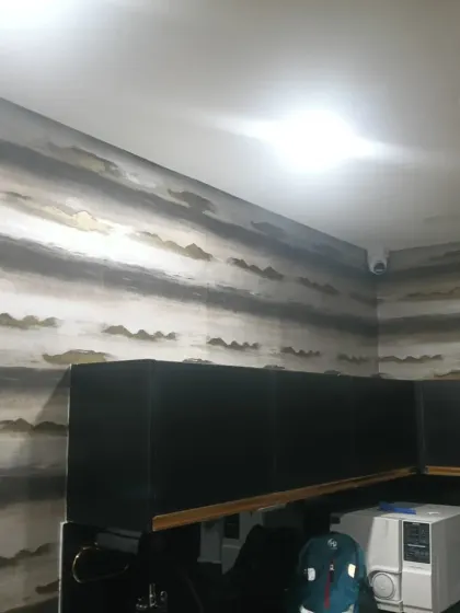 A view of the abstract wallpaper above kitchen cabinets.