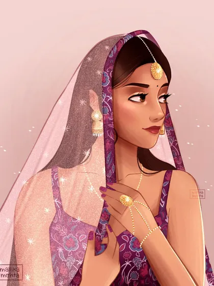The full portrait from my 'Indian Girl' redraw. Comparing this to the original shows my growth in composition, color harmony, and overall character appeal.
