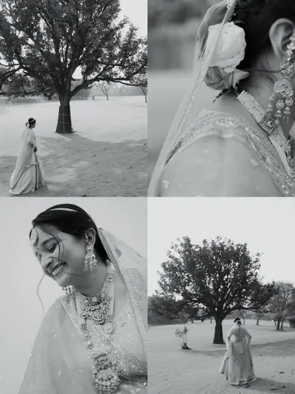 A collection of black and white bridal portraits, capturing a range of emotions from joyful laughter to serene elegance.