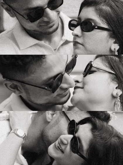 A triptych of intimate, black and white moments between Alicia and Jeff. These close-ups focus on their expressions and interactions, telling a story of their connection.