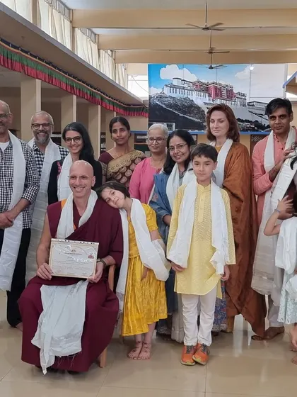 Another group photograph with Geshe Tenzin Legtsok, celebrating his achievement. The image radiates the warmth and close bond between our lay community and the ordained Sangha.