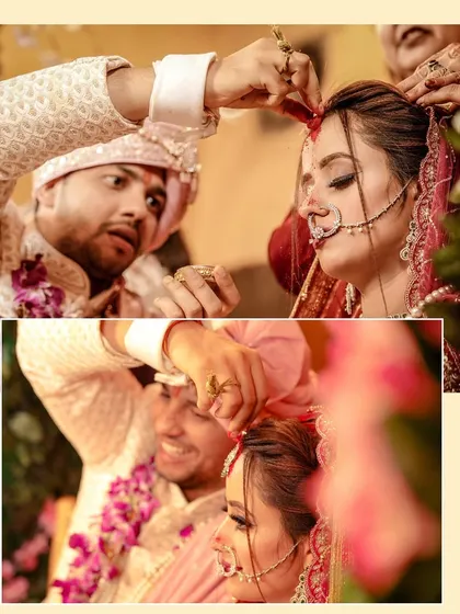 A dynamic album spread capturing the emotion and action of the sindoor ceremony from two different angles.