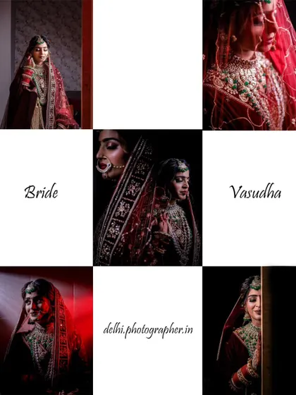 A grid collage dedicated to the bride, Vasudha. This format showcases multiple stunning portraits from her wedding day, highlighting her elegance through different angles and dramatic lighting.