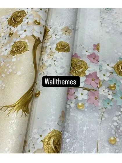 A collage of different 3D floral wallpaper designs, featuring gold roses and colorful blossoms.