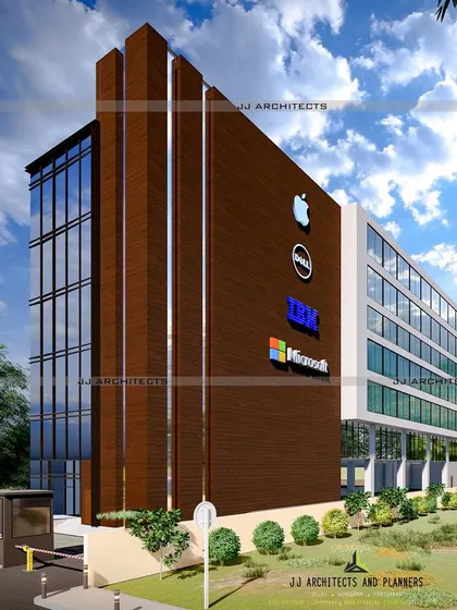 A 3D concept design for a 1,50,000 sq. ft. commercial office building in Mohan Cooperative, Delhi. The design features a modern glass curtain wall and a distinctive wood-paneled facade, intended for major tech tenants.