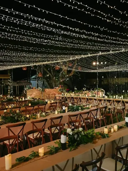 The complete setup of the welcome dinner, showcasing the scale and detail of our event production.