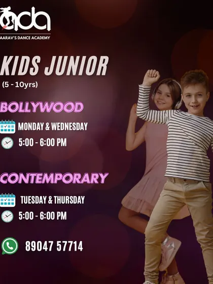 Our Kids Junior batches for ages 5-10 offer both Bollywood and Contemporary styles. It's the perfect place for young dancers to explore their creativity and learn fundamental techniques.