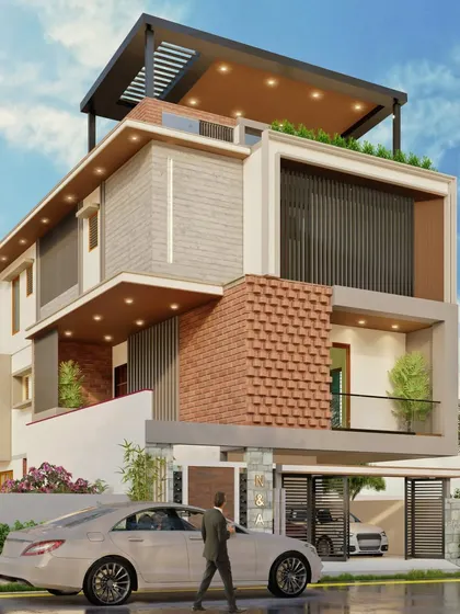 This 30x50 west-facing 4BHK residence in Chikkanagamangala is a great example of form following function. The elevation features clean vertical volumes balanced with an exposed brick jaali screen.