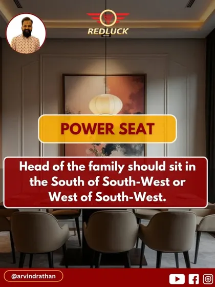 The head of the family should occupy a position of power, even at the dining table. Placing their seat in the South of South-West or West of South-West helps maintain control and authority within the household.