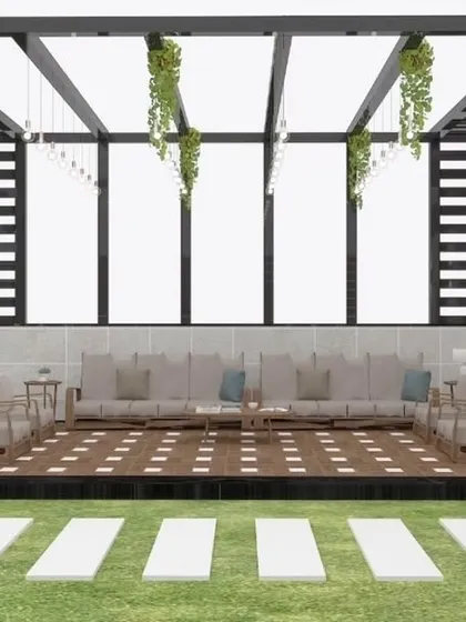 A 3D render of a spacious L-shaped seating area under a large pergola, complete with hanging plants.