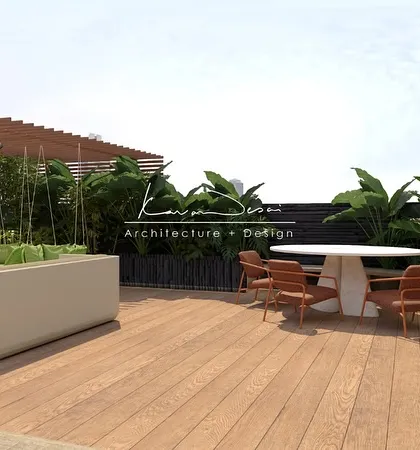 A terrace concept featuring a dining area and planters. The wooden decking and black-clad walls create a modern, sophisticated backdrop for outdoor entertaining.