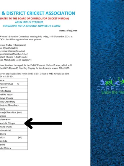 The official DDCA document listing our student, Samridhi Dhingra, for the Women's Under 15 team. We guide our players through the entire selection process.