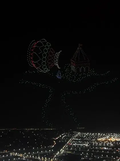 A formation showing a Sadhu offering water, a common sight at the Maha Kumbh, recreated in the sky. Our shows aim to connect with the audience by reflecting their faith and traditions.