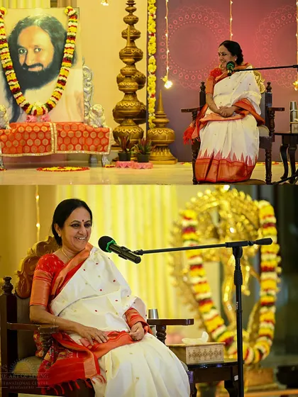 A collage showing Bhanumathi Narasimhan leading the satsang on VVMVP Foundation Day. The event was a heartwarming tribute to our organization's roots.