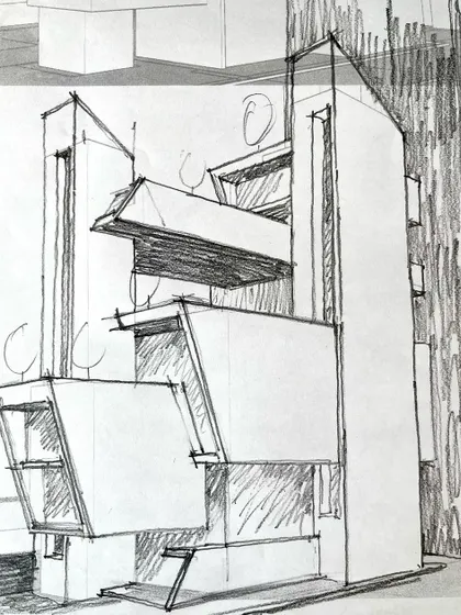 A perspective sketch of a building with angled supports and projecting volumes.