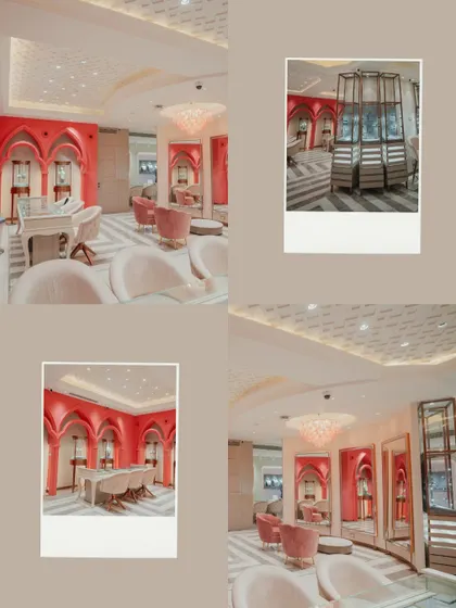 A design collage for a jewelry store, showcasing how a lively coral accent wall can energize the customer experience. This concept balances bold color with soft, luxurious furnishings and elegant display solutions.