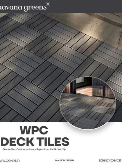 This image showcases our dark grey WPC deck tiles. The deep color provides a contemporary and luxurious foundation for any outdoor or semi-outdoor space, and the interlocking system makes installation a breeze.