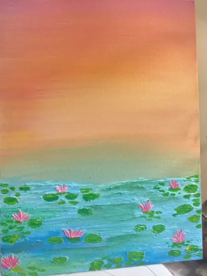 A final shot of the serene water lily pond painting.