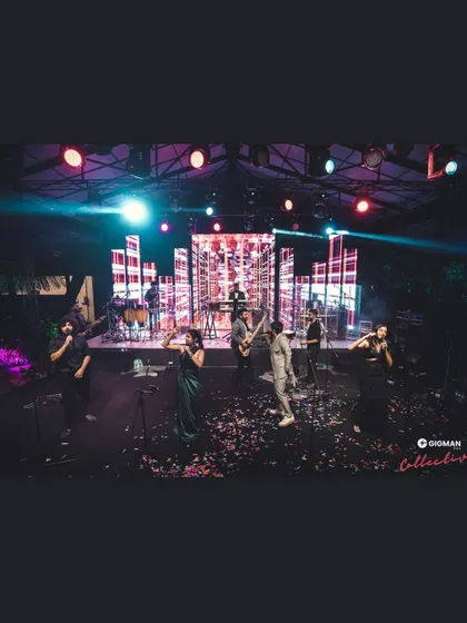 A wide shot of our band setup for an elegant event. We can tailor our stage presence to match the sophistication of your gathering.