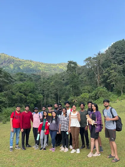 Our group at the start of the Kodachadri trek, with a furry friend joining in.