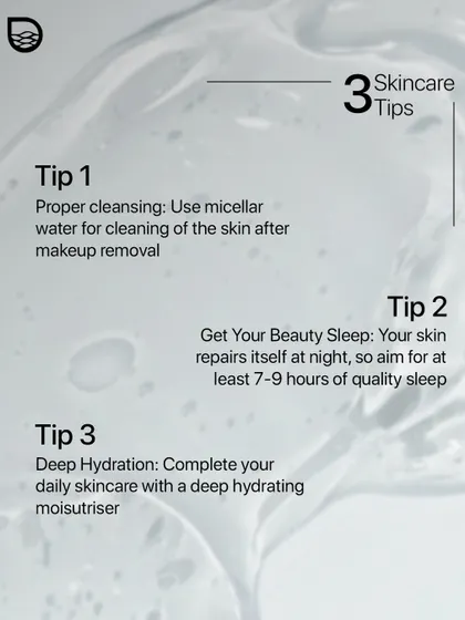 Good skin is the result of good care. This visual outlines three fundamental tips: proper cleansing, getting enough sleep for skin repair, and deep hydration.