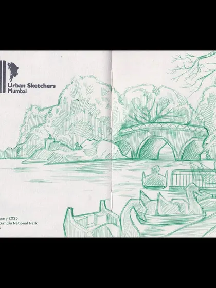 A clean, finished sketchbook spread of the boating area at Sanjay Gandhi National Park. This drawing was done entirely with a green ballpoint pen, focusing on the shapes of the trees, the bridge, and the swan boats on the water.