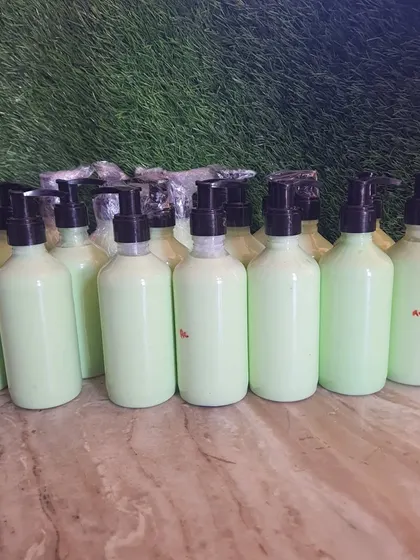 These pump bottles are filled with a light, natural body lotion. This is another example of a finished product, ready to be branded and sold under your name.