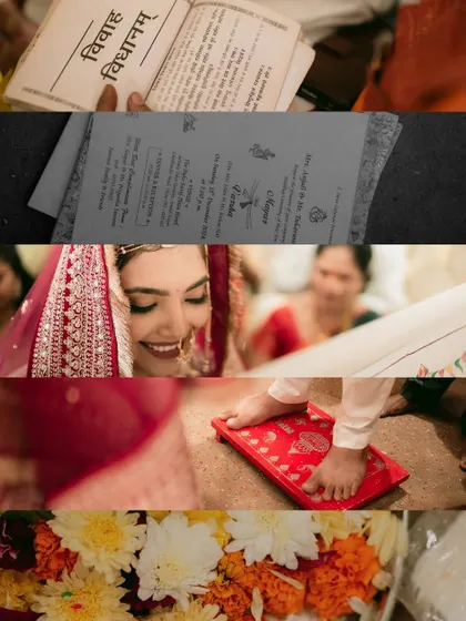 A collage capturing the key elements of a traditional wedding: the scriptures, the smiles, the rituals, and the flowers.