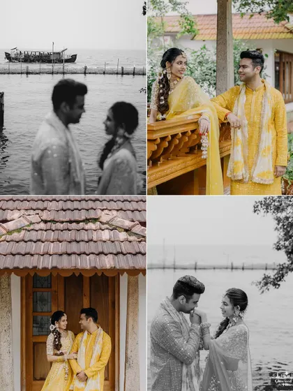 A collage of romantic and candid couple portraits from their Haldi day, set against the serene backwaters, showcasing their connection.