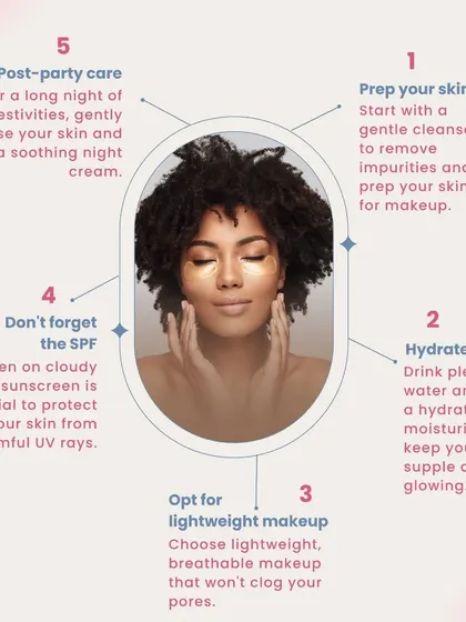 Don't let festivities take a toll on your skin. Follow these essentials: prep with a gentle cleanse, hydrate, use lightweight makeup, don't forget SPF, and always perform your post-party care routine.