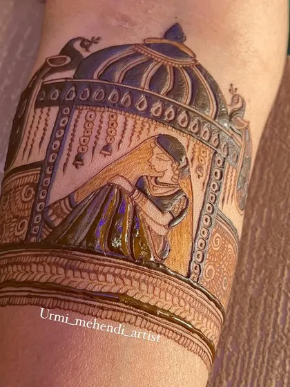 Another angle of the bride in a doli, showing the intricate details on the palanquin and the delicate posture of the bride figure.