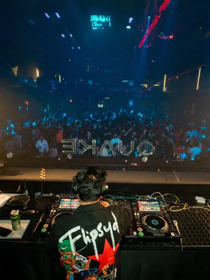 The view from the DJ booth at Quake, looking out at a sea of people. This is my happy place.