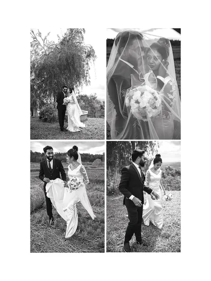 A collage of black and white photos from a post-ceremony shoot, showing the couple's romantic and playful moments.