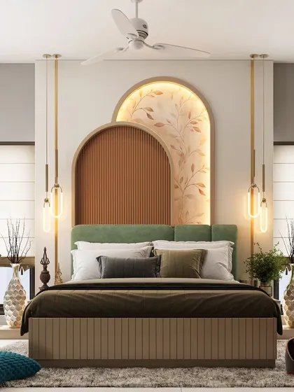 An earthy and elegant bedroom design featuring a green upholstered headboard and a unique, dual-arched accent wall. The combination of ribbed wood textures and soft backlighting creates a warm and inviting atmosphere.
