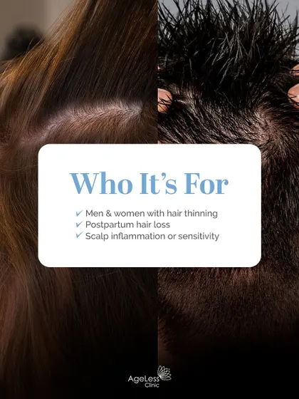 My treatments are designed for a wide range of concerns. This graphic clearly outlines who can benefit, whether you are a man or woman experiencing hair thinning, dealing with postpartum hair loss, or suffering from scalp inflammation and sensitivity.