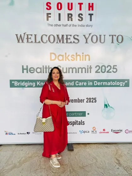 At the entrance of the Dakshin Health Summit 2025, an event focused on "Bridging Knowledge and Care in Dermatology."