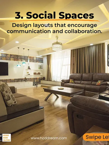 A closer look at the open-plan living room, highlighting the textured TV wall and custom shelving. The layout is designed to be a social hub for the family.