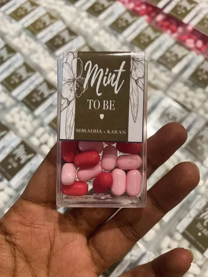 "Mint to be!" These cute, personalized tic-tac boxes are a fun and popular wedding favor, perfect for giving guests a little something sweet.