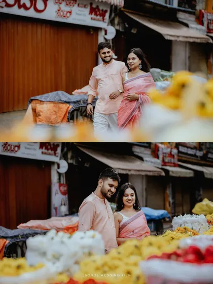 Two beautiful moments of the couple amidst piles of yellow and white flowers at the market, their connection shining through the vibrant setting.