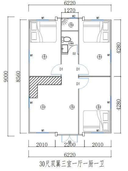 This is a floor plan for a 30-foot container house, designed to be a compact three-bedroom home. I focus on smart layouts that maximize every square foot for functionality and comfort.