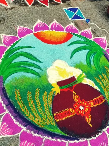 A vibrant rangoli I made for the Pongal festival, celebrating the harvest with a pot of overflowing sweet rice, sugarcane, and a kite.