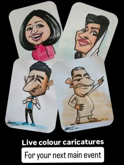 A collage showing the variety of live color caricatures I can create for your event or as a gift.
