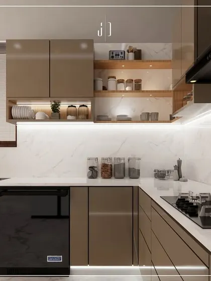 A close-up 3D render of the cooking zone, with the hob, chimney, and nearby storage for spices and oils. This demonstrates my focus on creating an efficient cooking workflow.