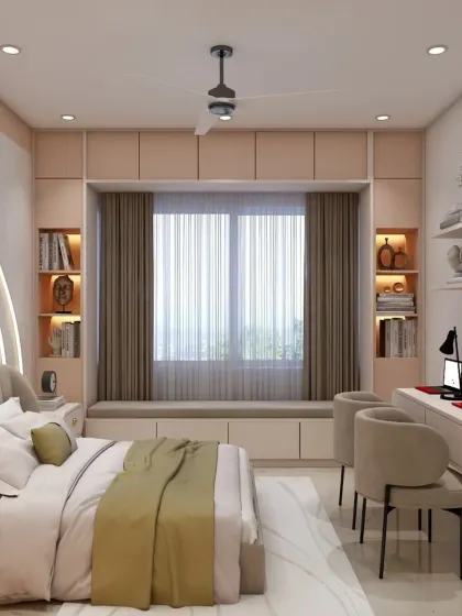 This view shows the window seat with built-in storage, a perfect spot for reading or relaxing. The design makes excellent use of the natural light and space.